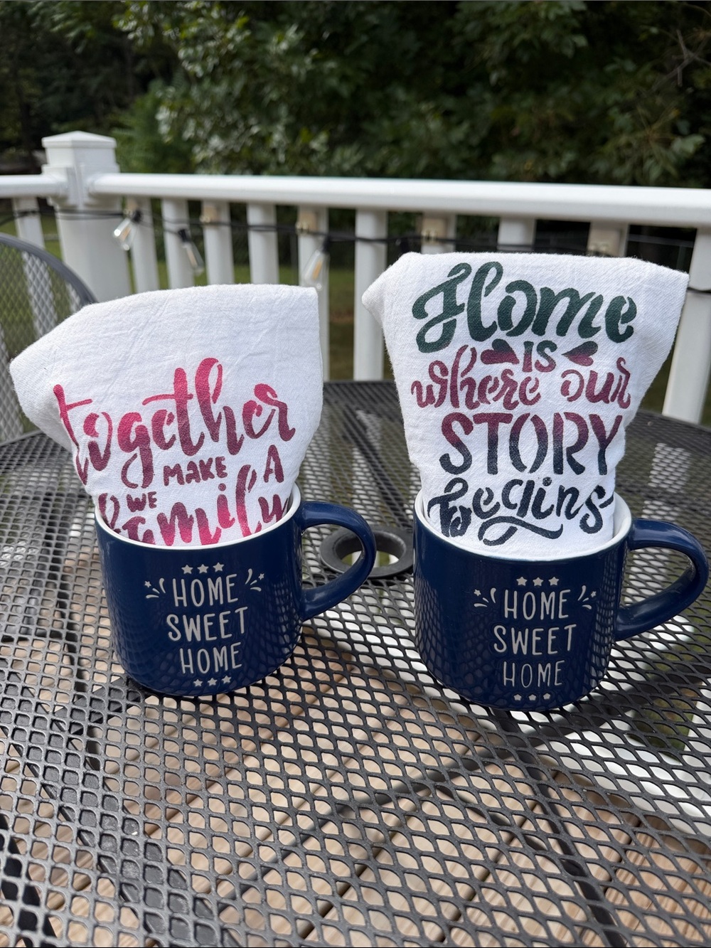 Home Sweet Home Navy Ceramic Mugs with Decorative Tea Towels